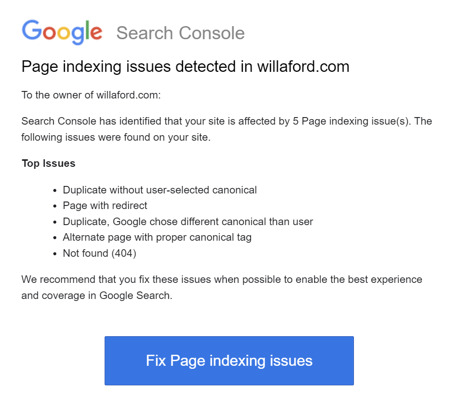 screenshot of email from google.com indicating page indexing issues.  